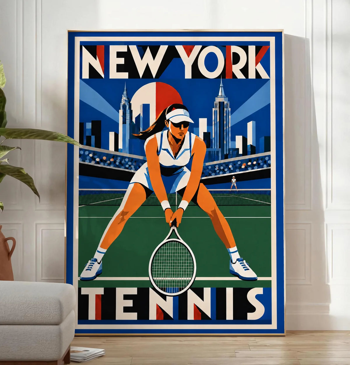 Affiche New York Tennis New York Tennis Femme Crouched revers, affiche Art déco de tennis new-yorkaise