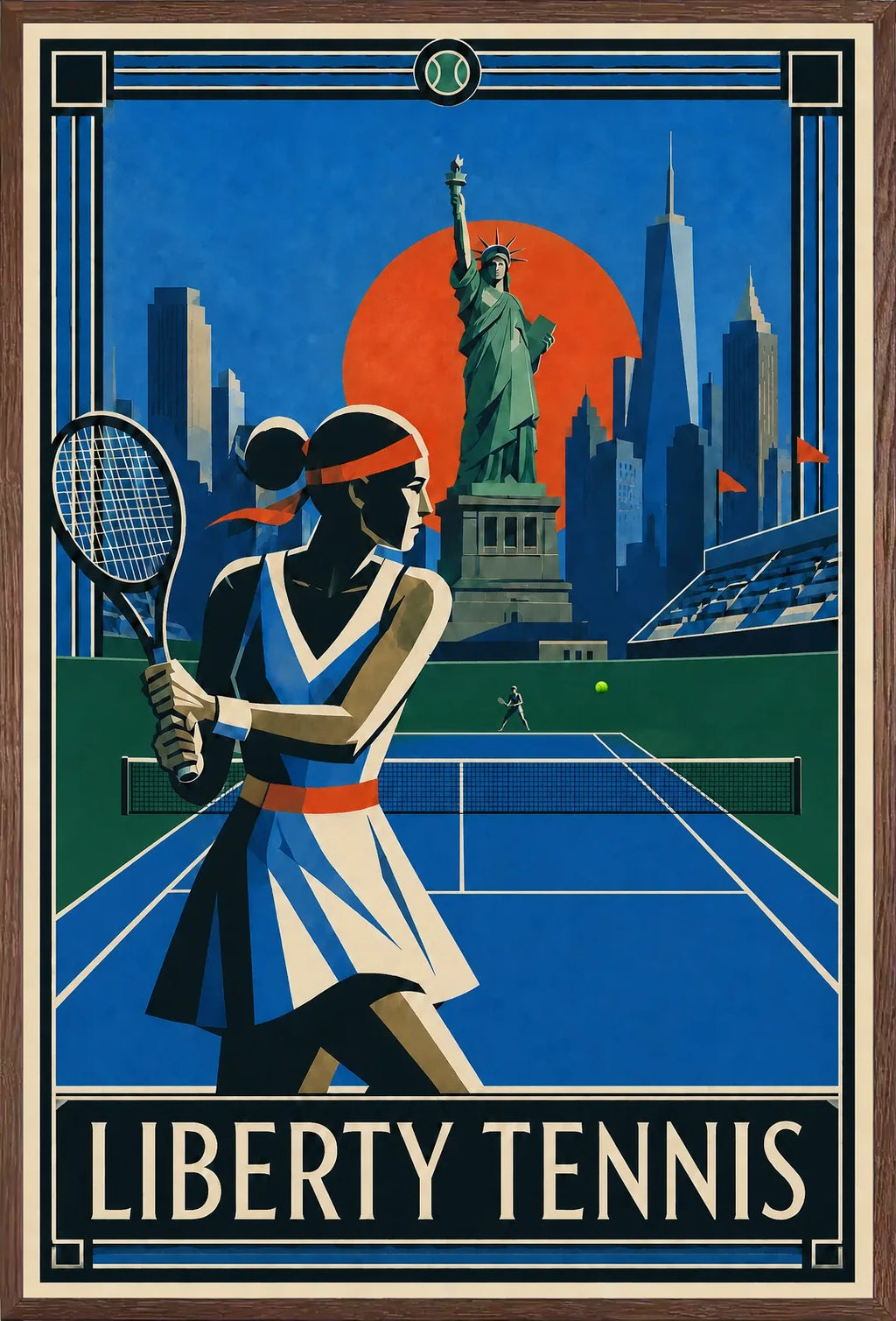 Affiche New York Tennis Liberty Femme revers à deux mains, affiche Art déco de tennis new-yorkaise