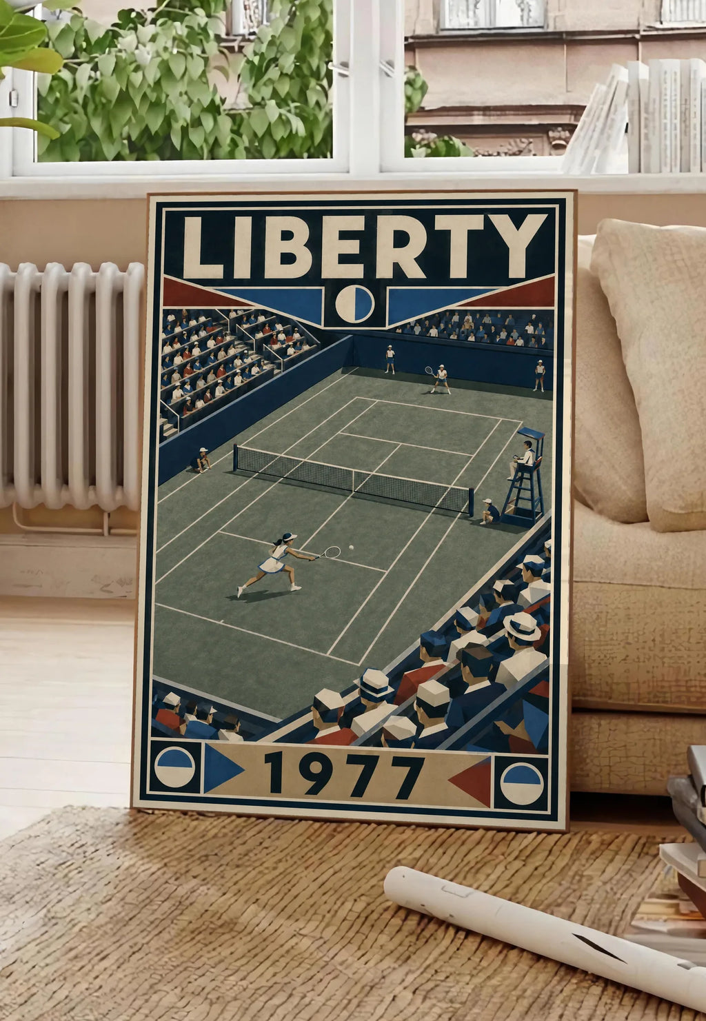 Affiche New York Tennis Liberty Tennis 1977 Femme Har-Tru dernière année, affiche Art déco de tennis new-yorkaise