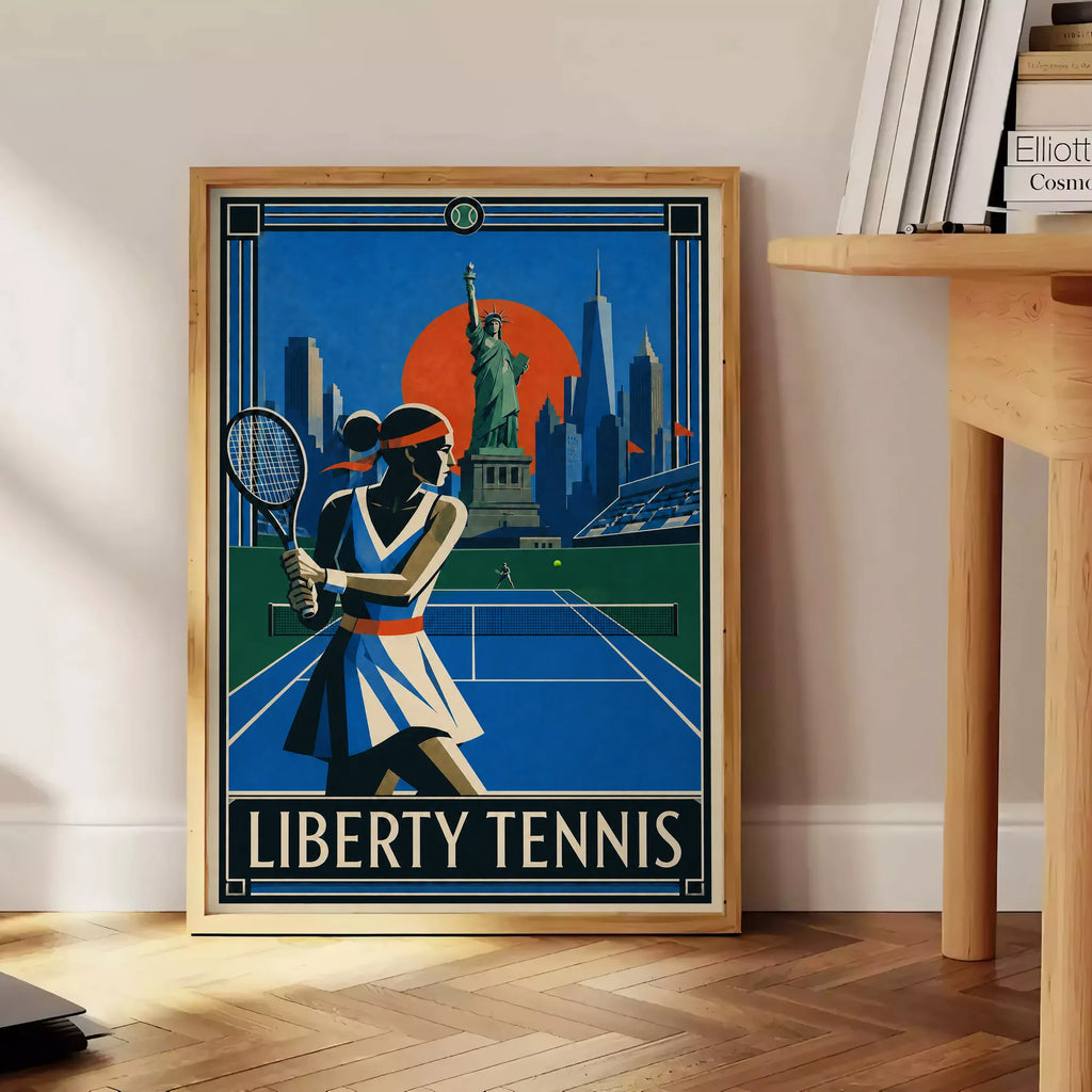 Affiche New York Tennis Liberty Femme revers à deux mains, affiche Art déco de tennis new-yorkaise