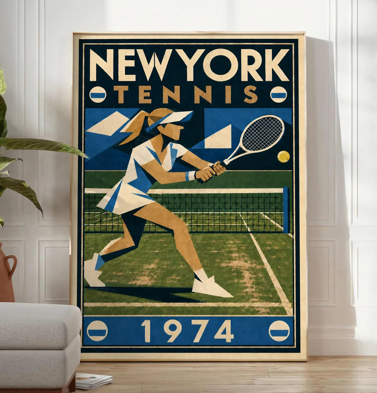 Affiche New York Tennis New York Tennis 1974 Femme gazon volée, affiche Art déco de tennis new-yorkaise