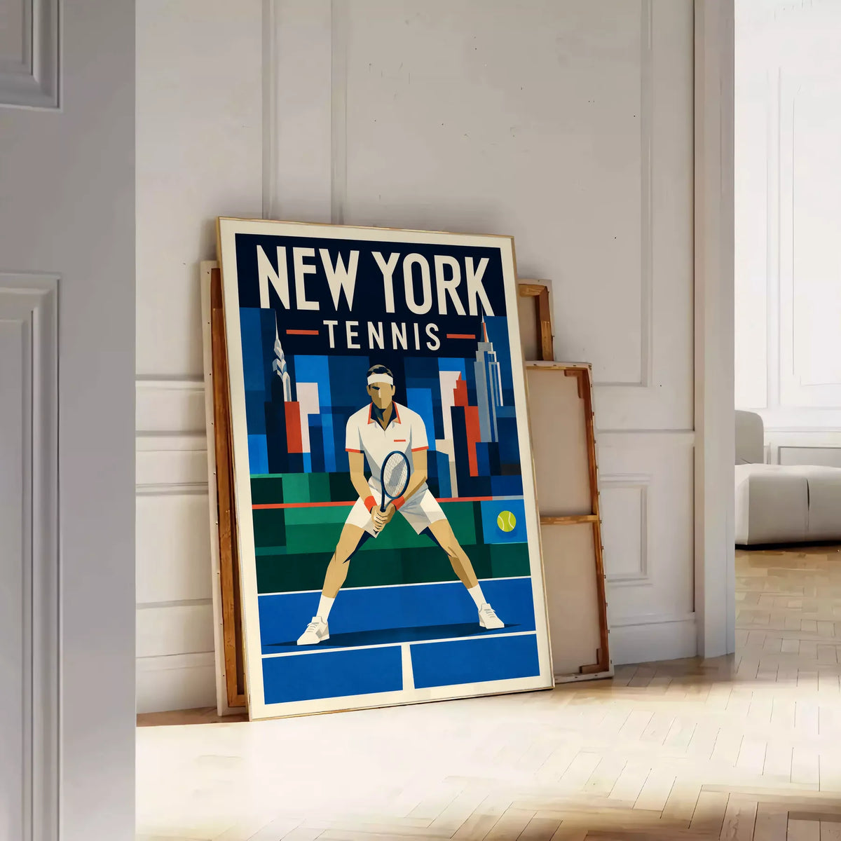 Affiche New York Tennis Ny Male Split Step prêt, affiche Art déco de tennis new-yorkaise