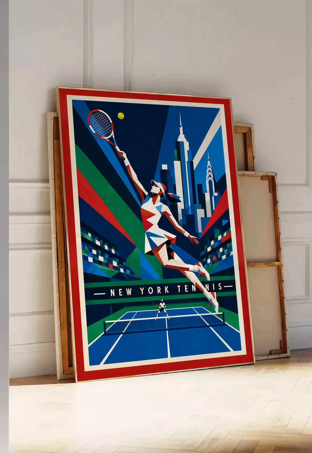 Affiche New York Tennis New York Tennis Femme action offensive, affiche Art déco de tennis new-yorkaise