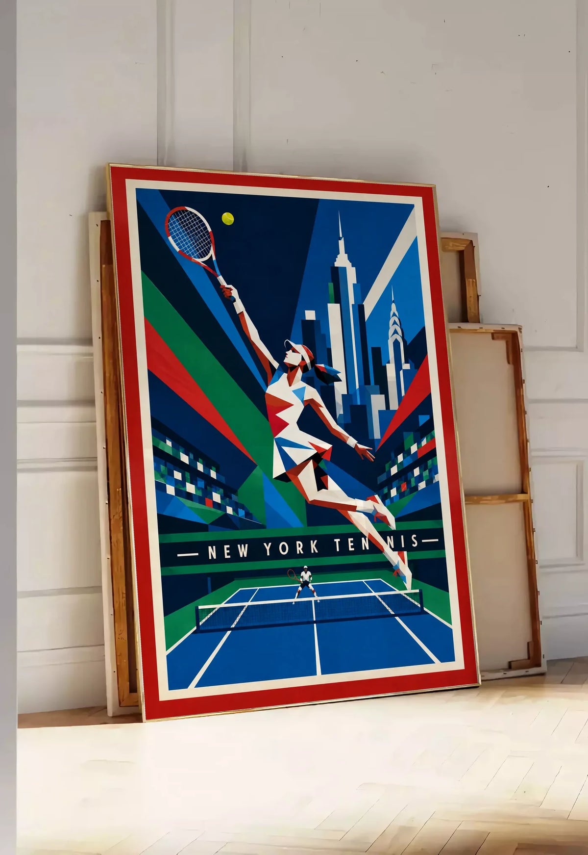 Affiche New York Tennis New York Tennis Femme action offensive, affiche Art déco de tennis new-yorkaise