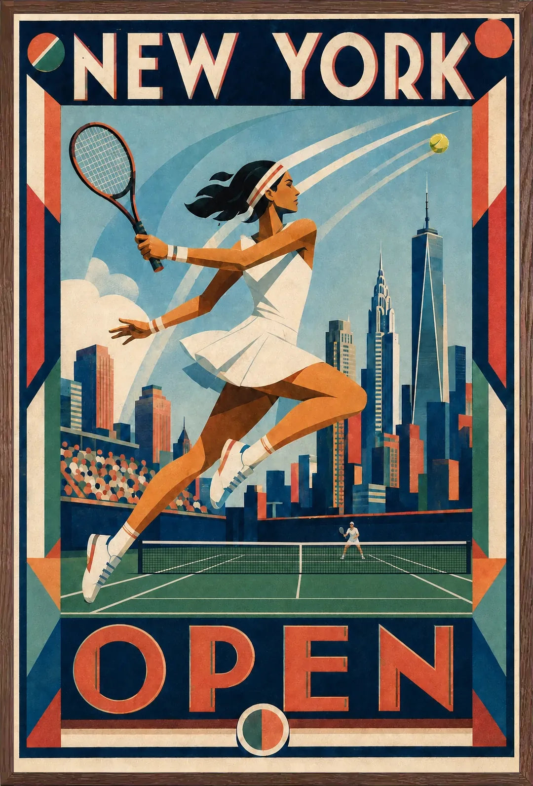 Affiche New York Tennis Open Female Leaping One Hand revers, affiche Art déco de tennis new-yorkaise