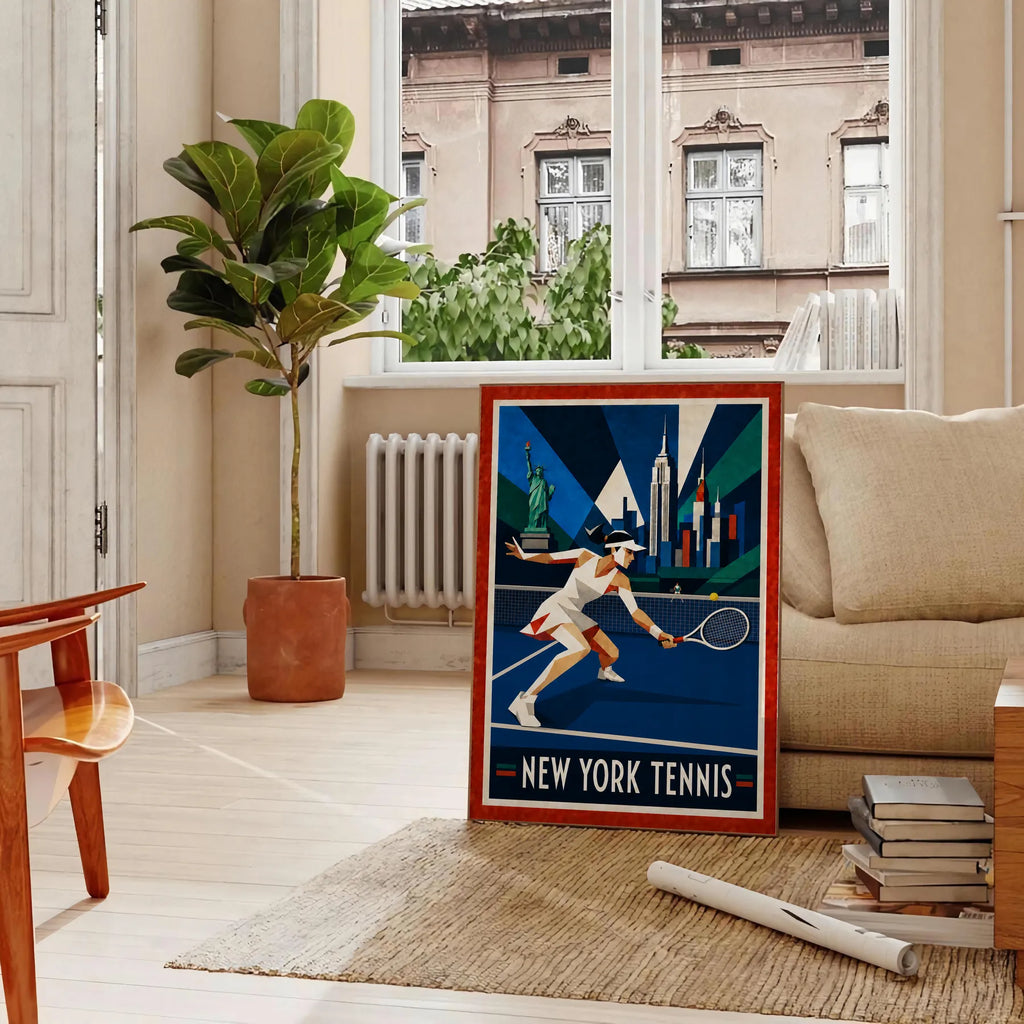 Affiche New York Tennis Geometric Femme Low demi-volée, affiche Art déco de tennis new-yorkaise