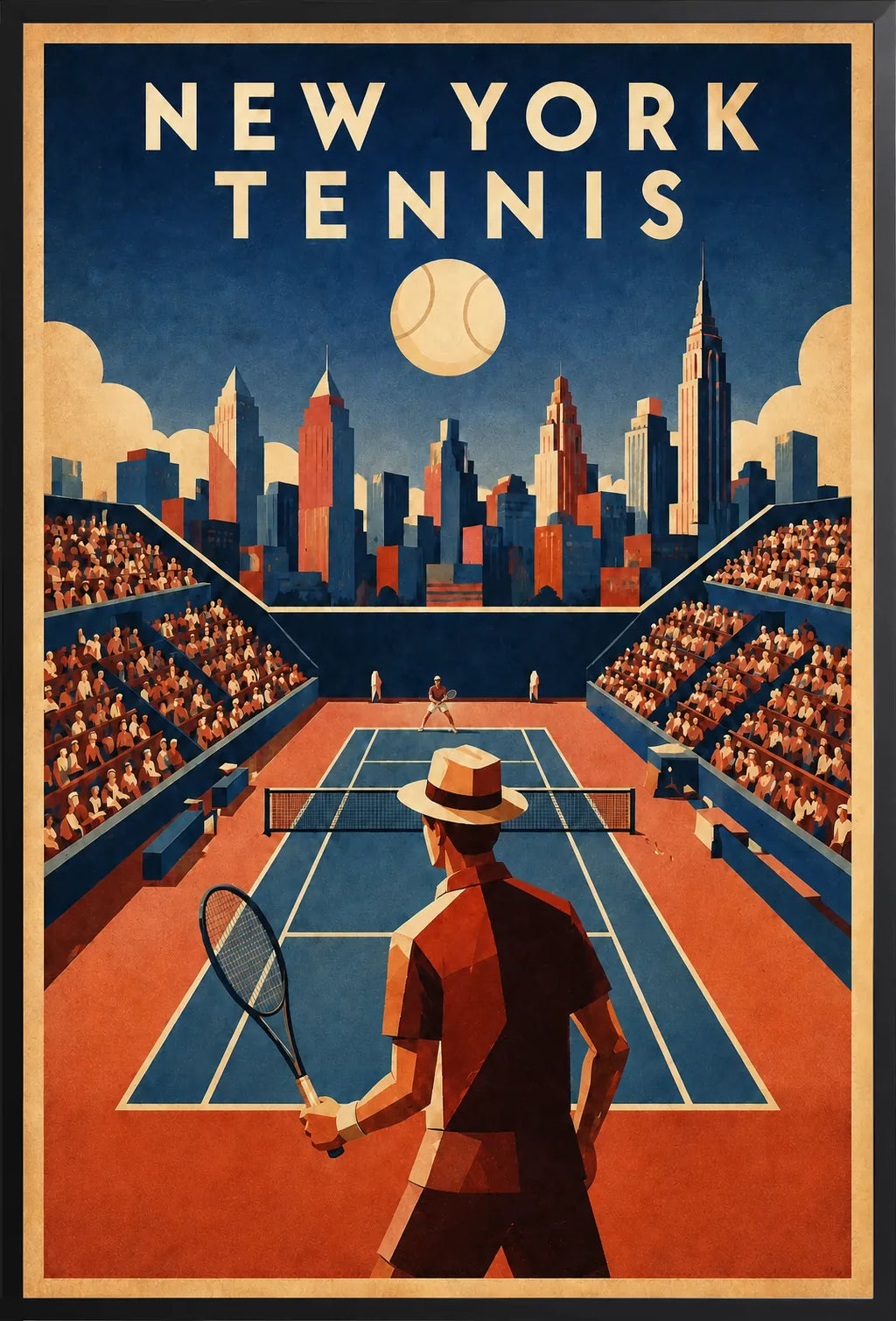 Affiche New York Tennis Homme Twilight Baseline 2, affiche Art déco de tennis new-yorkaise