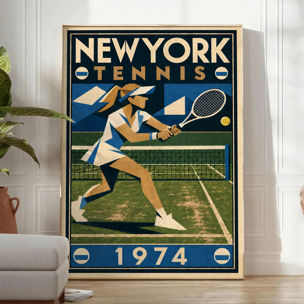Affiche New York Tennis New York Tennis 1974 Femme gazon volée, affiche Art déco de tennis new-yorkaise