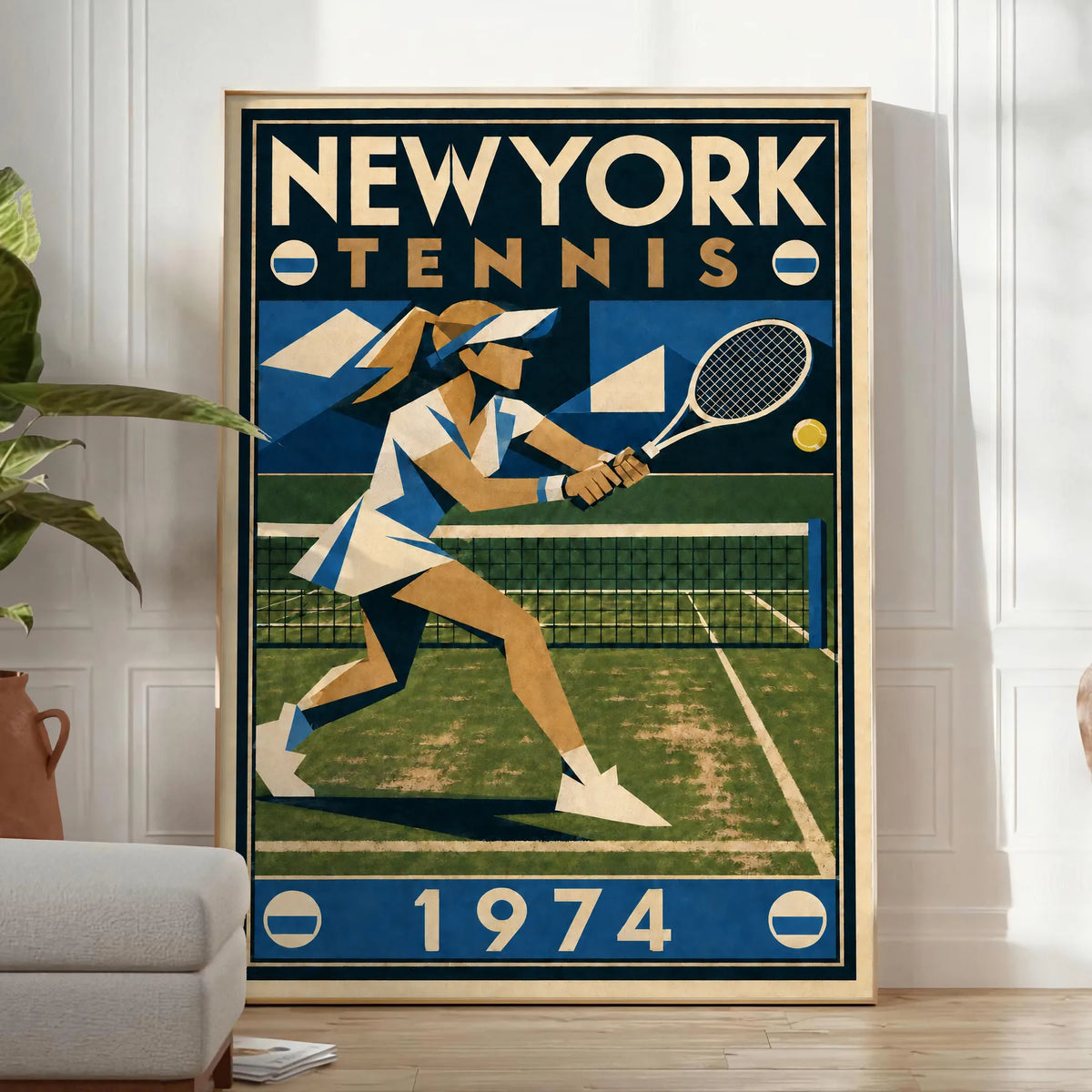 Affiche New York Tennis New York Tennis 1974 Femme gazon volée, affiche Art déco de tennis new-yorkaise