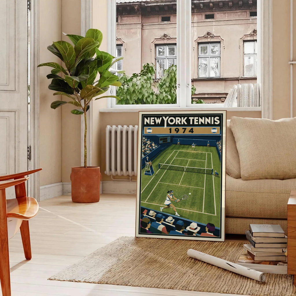 Affiche New York Tennis New York Tennis 1974 gazon revers croisé, affiche Art déco de tennis new-yorkaise