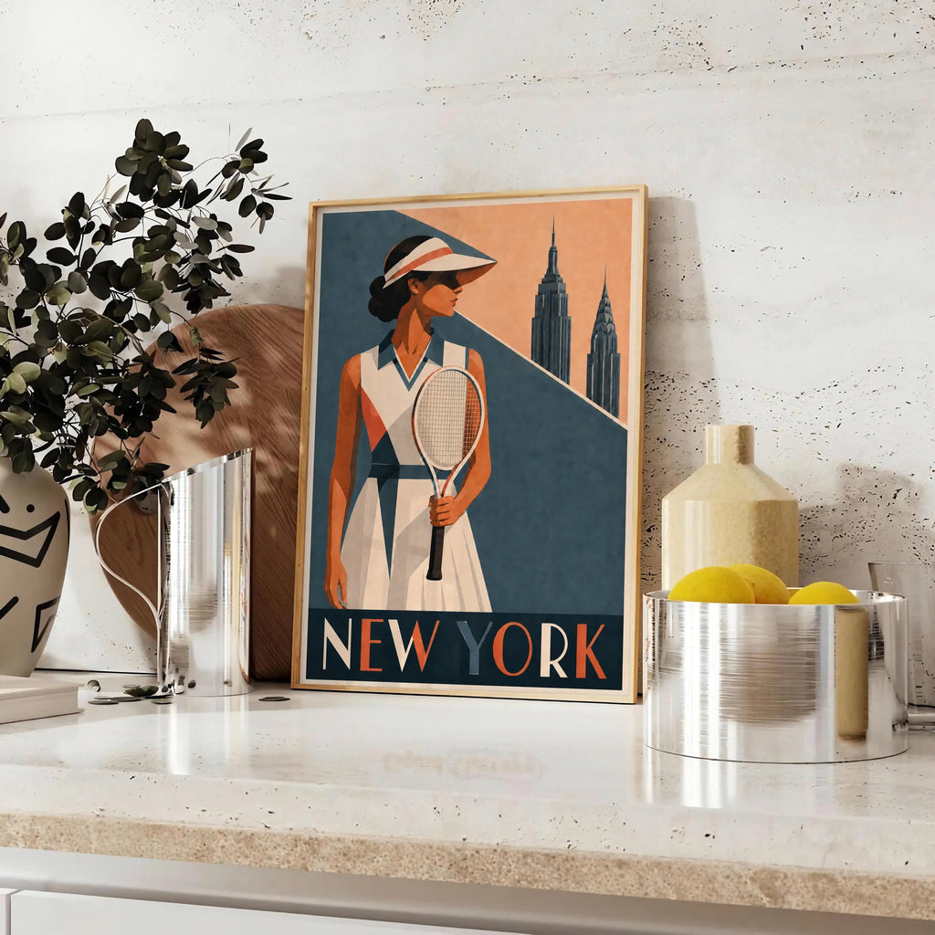 Affiche New York Tennis Femme Coral profil, affiche Art déco de tennis new-yorkaise