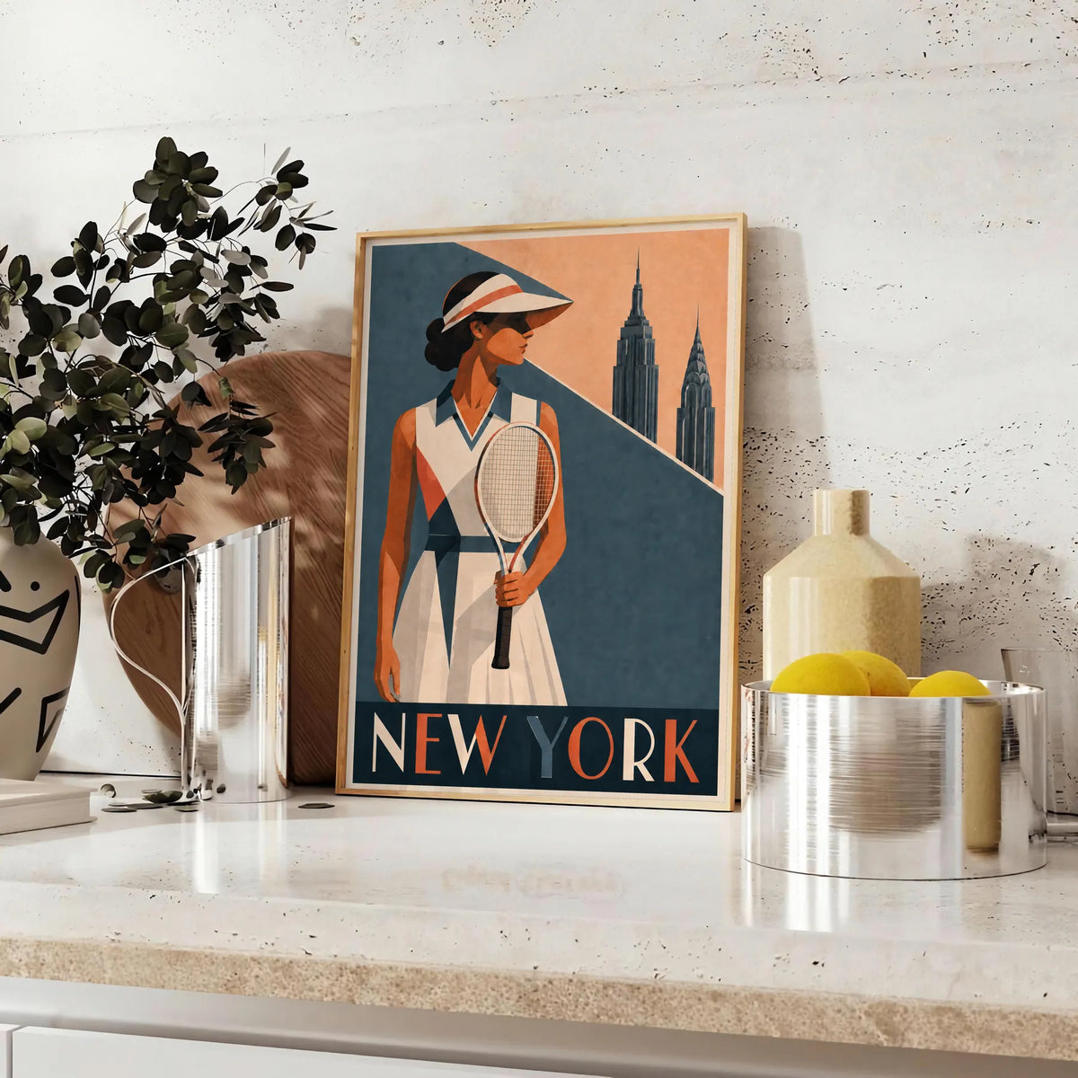 Affiche New York Tennis Femme Coral profil, affiche Art déco de tennis new-yorkaise