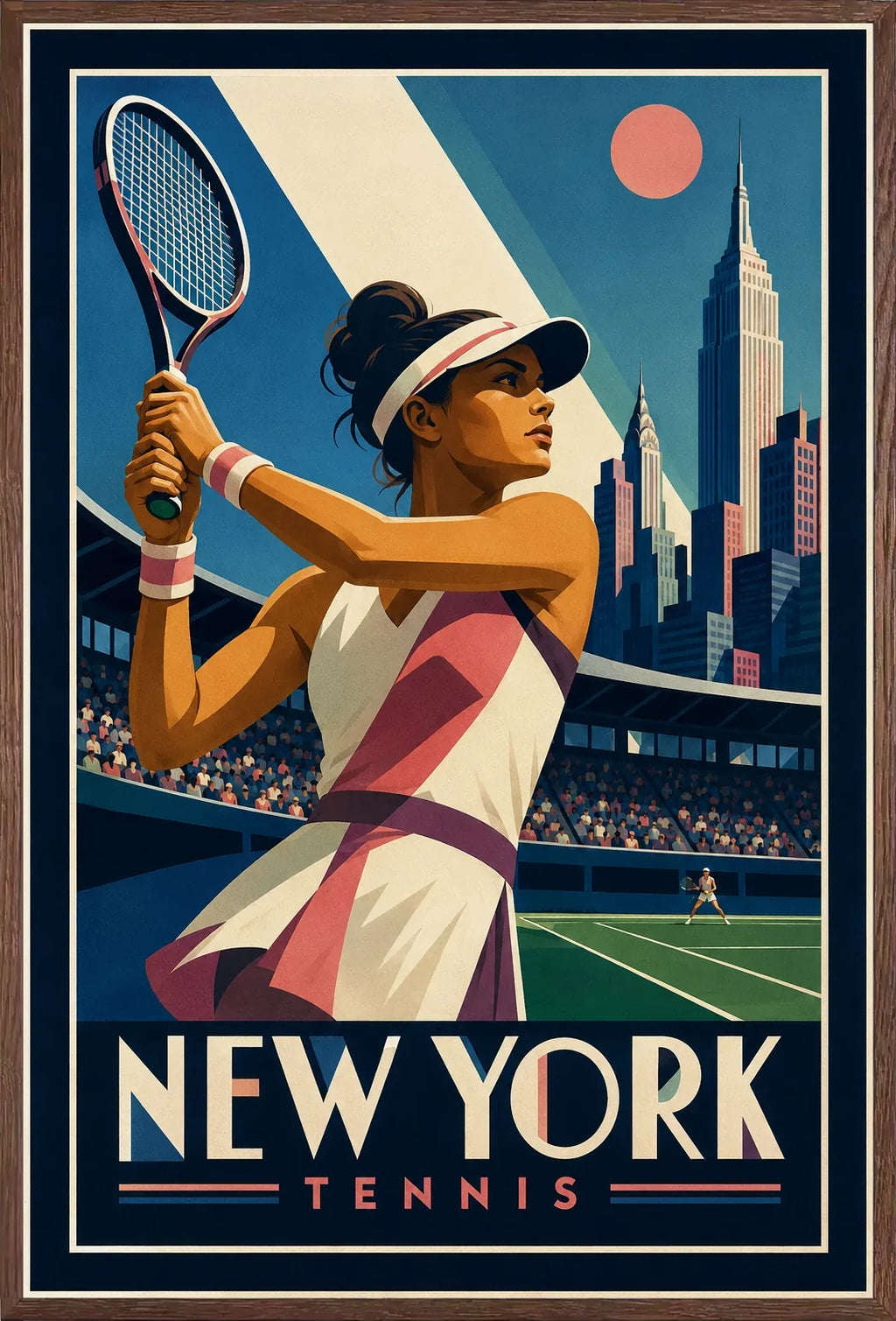 Affiche New York Tennis Tennis Female revers à deux mains Finish, affiche Art déco de tennis new-yorkaise