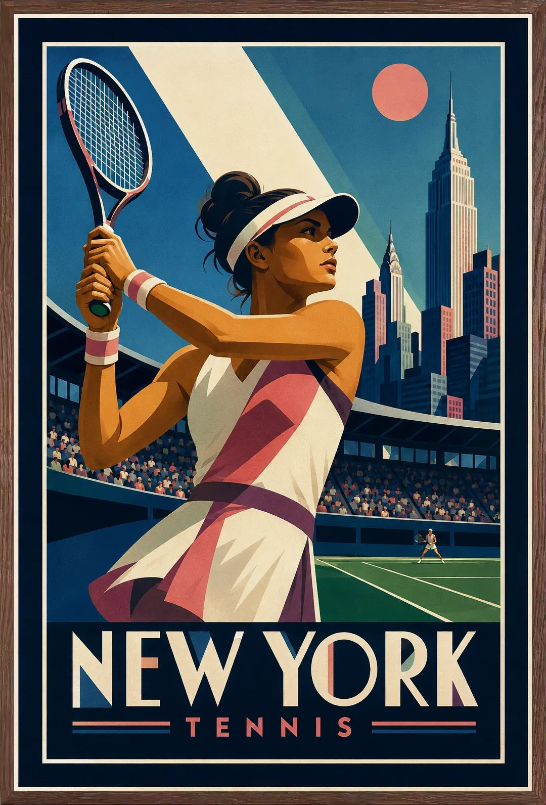 Affiche New York Tennis Tennis Female revers à deux mains Finish, affiche Art déco de tennis new-yorkaise