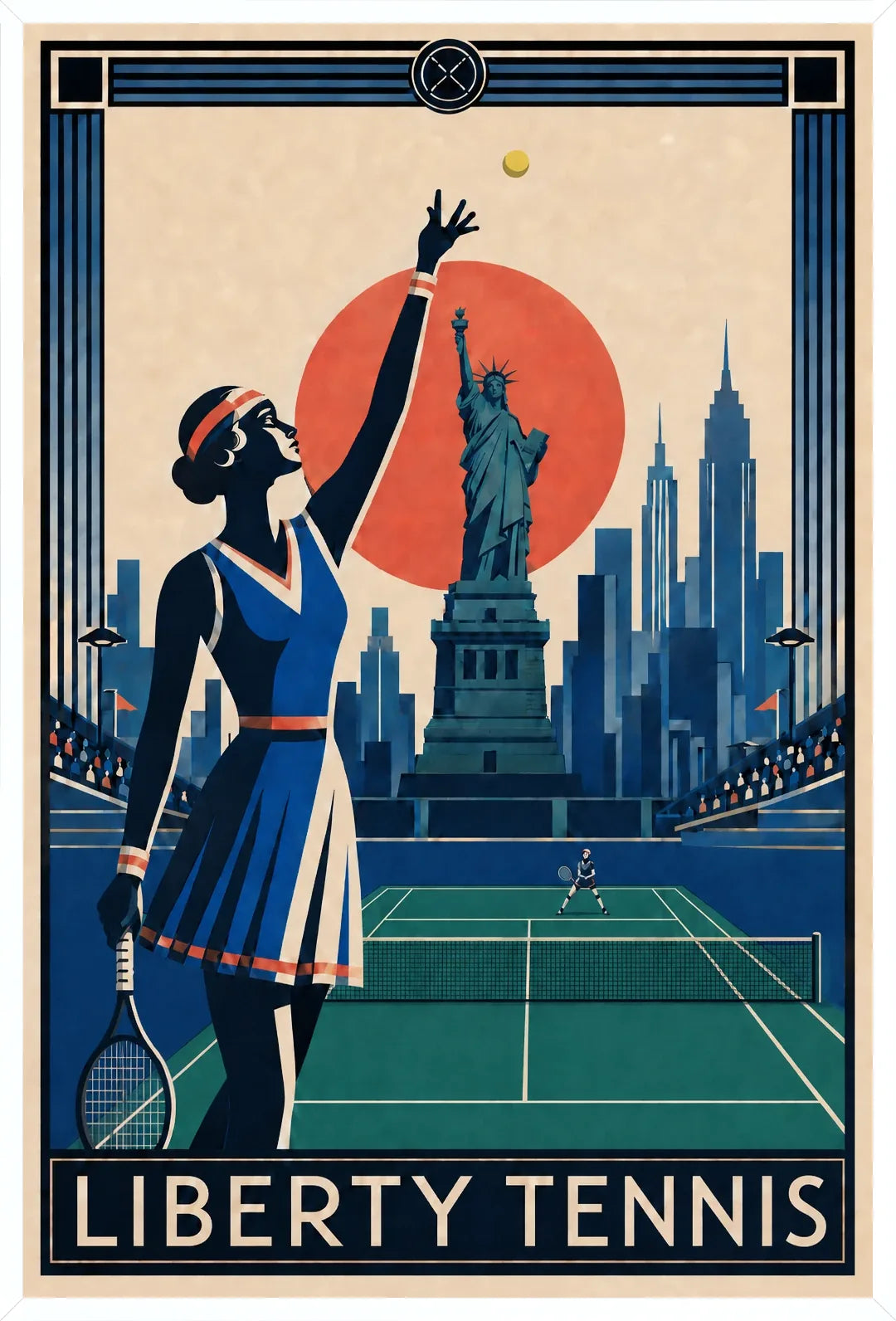 Affiche New York Tennis Liberty Tennis Femme service, affiche Art déco de tennis new-yorkaise