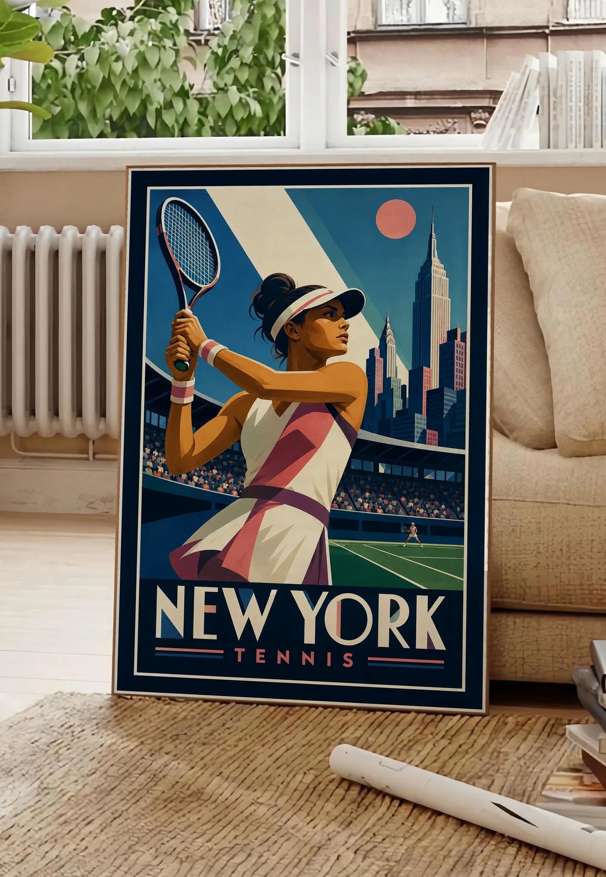 Affiche New York Tennis Tennis Female revers à deux mains Finish, affiche Art déco de tennis new-yorkaise
