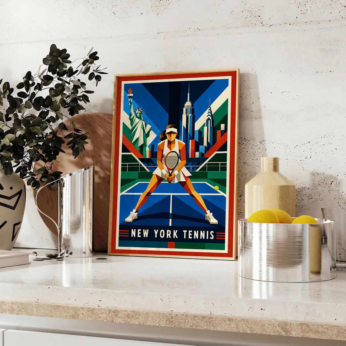 Affiche New York Tennis Geometric Femme Split Step prêt, affiche Art déco de tennis new-yorkaise
