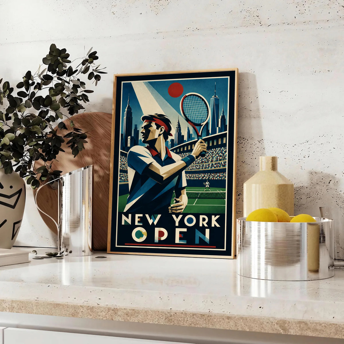 Affiche New York Tennis Open Male High Forehand Finish, affiche Art déco de tennis new-yorkaise