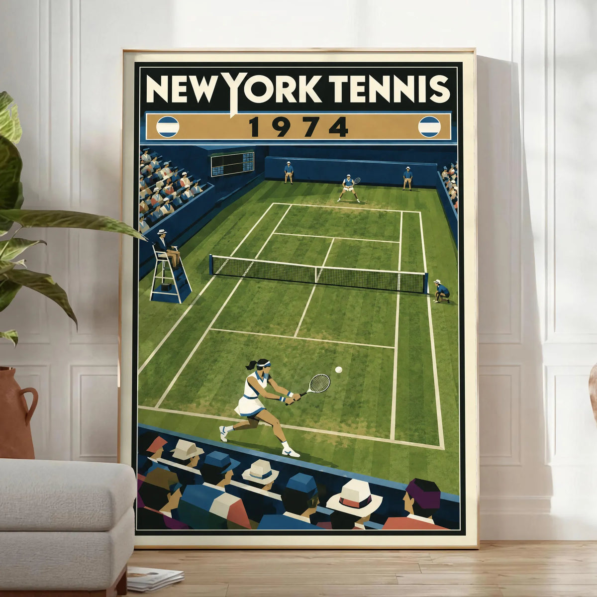 Affiche New York Tennis New York Tennis 1974 gazon revers croisé, affiche Art déco de tennis new-yorkaise