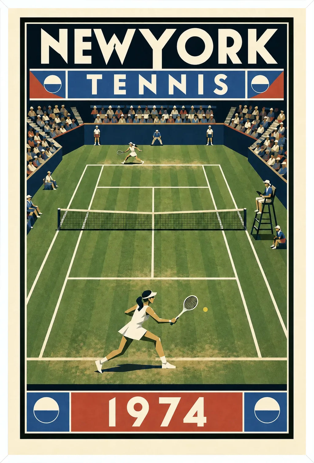 Affiche New York Tennis New York Tennis 1974 Femme gazon volée Court, affiche Art déco de tennis new-yorkaise