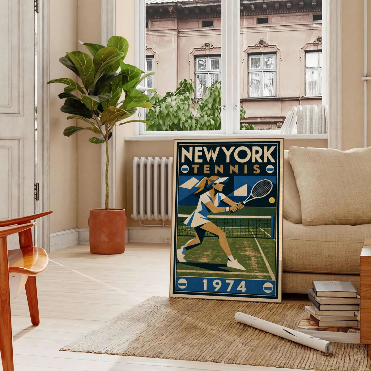 Affiche New York Tennis New York Tennis 1974 Femme gazon volée, affiche Art déco de tennis new-yorkaise