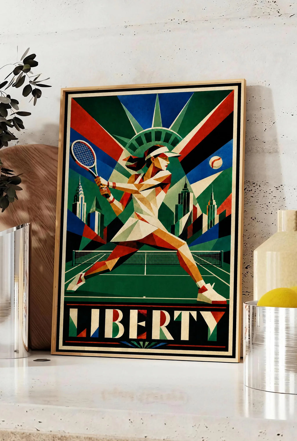 Affiche New York Tennis Femme Liberty revers, affiche Art déco de tennis new-yorkaise