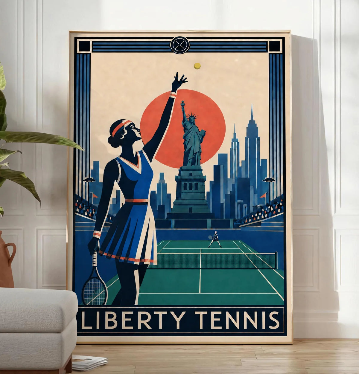 Affiche New York Tennis Liberty Tennis Femme service, affiche Art déco de tennis new-yorkaise