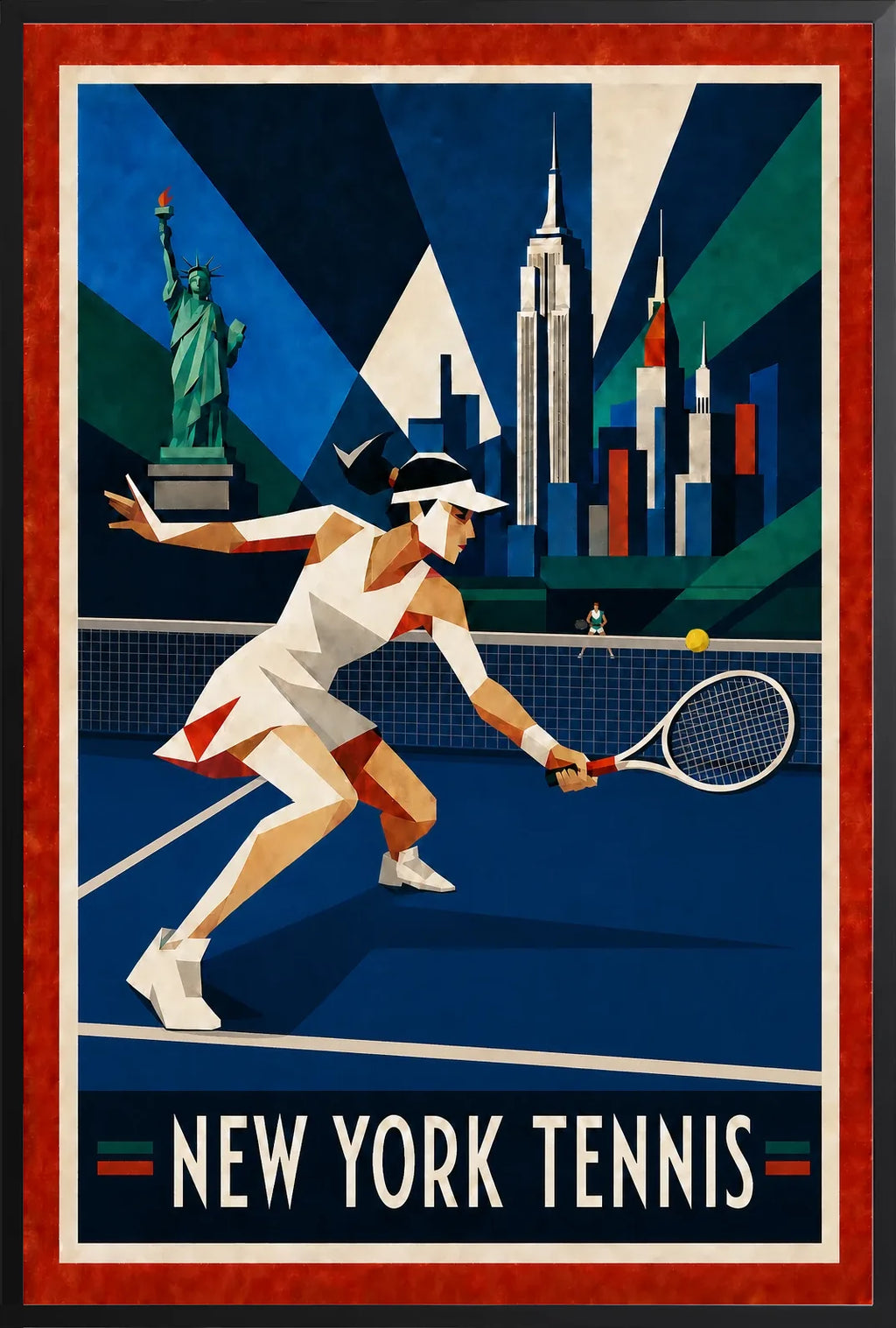 Affiche New York Tennis Geometric Femme Low demi-volée, affiche Art déco de tennis new-yorkaise