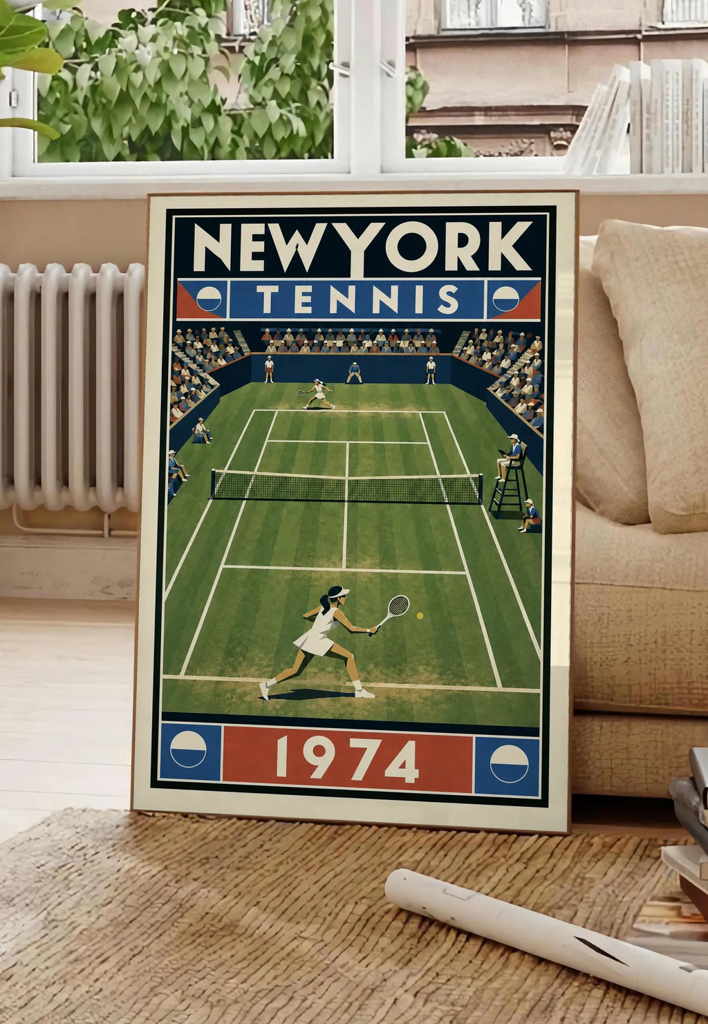 Affiche New York Tennis New York Tennis 1974 Femme gazon volée Court, affiche Art déco de tennis new-yorkaise