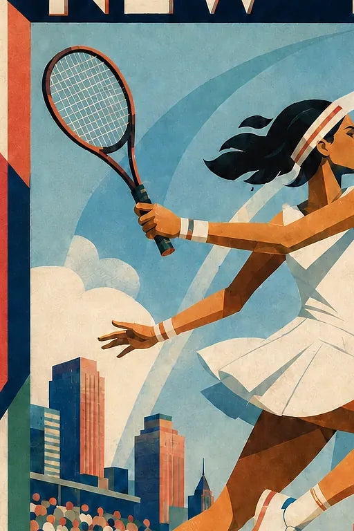 Affiche New York Tennis Open Female Leaping One Hand revers, affiche Art déco de tennis new-yorkaise