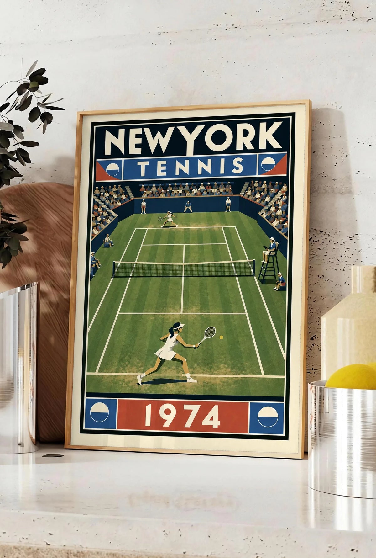 Affiche New York Tennis New York Tennis 1974 Femme gazon volée Court, affiche Art déco de tennis new-yorkaise