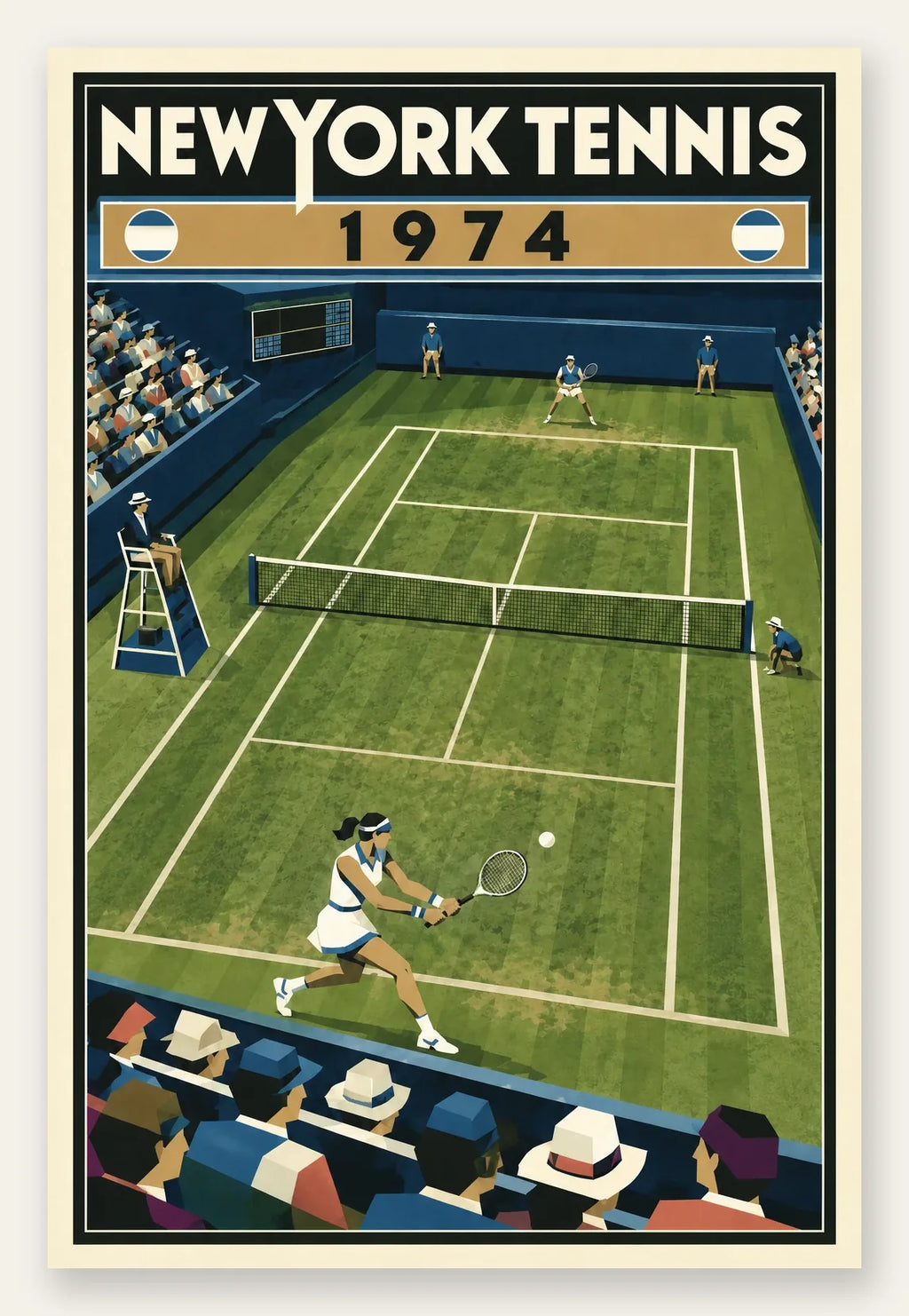 Affiche New York Tennis New York Tennis 1974 gazon revers croisé, affiche Art déco de tennis new-yorkaise