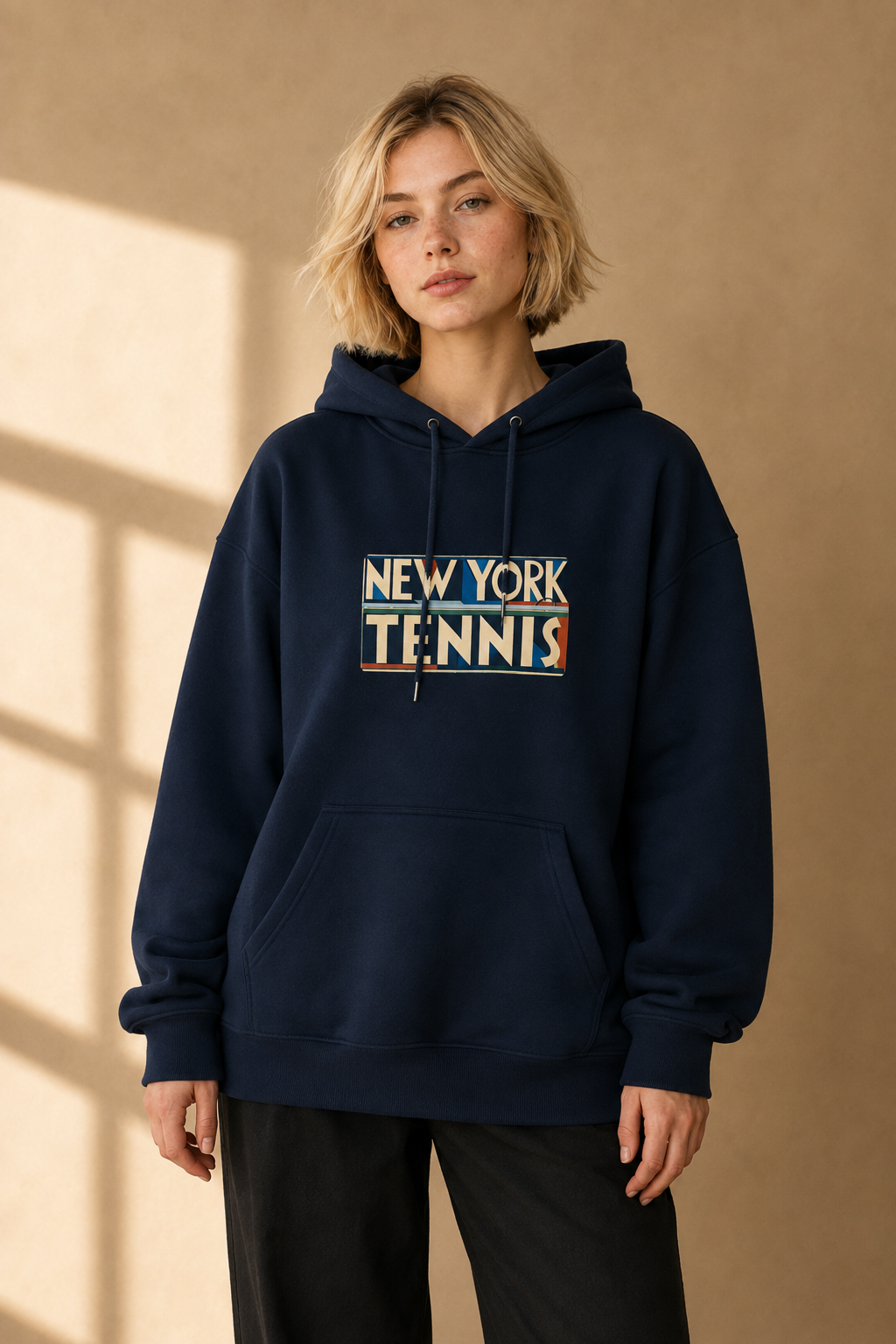 Sweat à capuche New York Tennis Monumental 40. design textile unisexe [color:navy] [view:front]