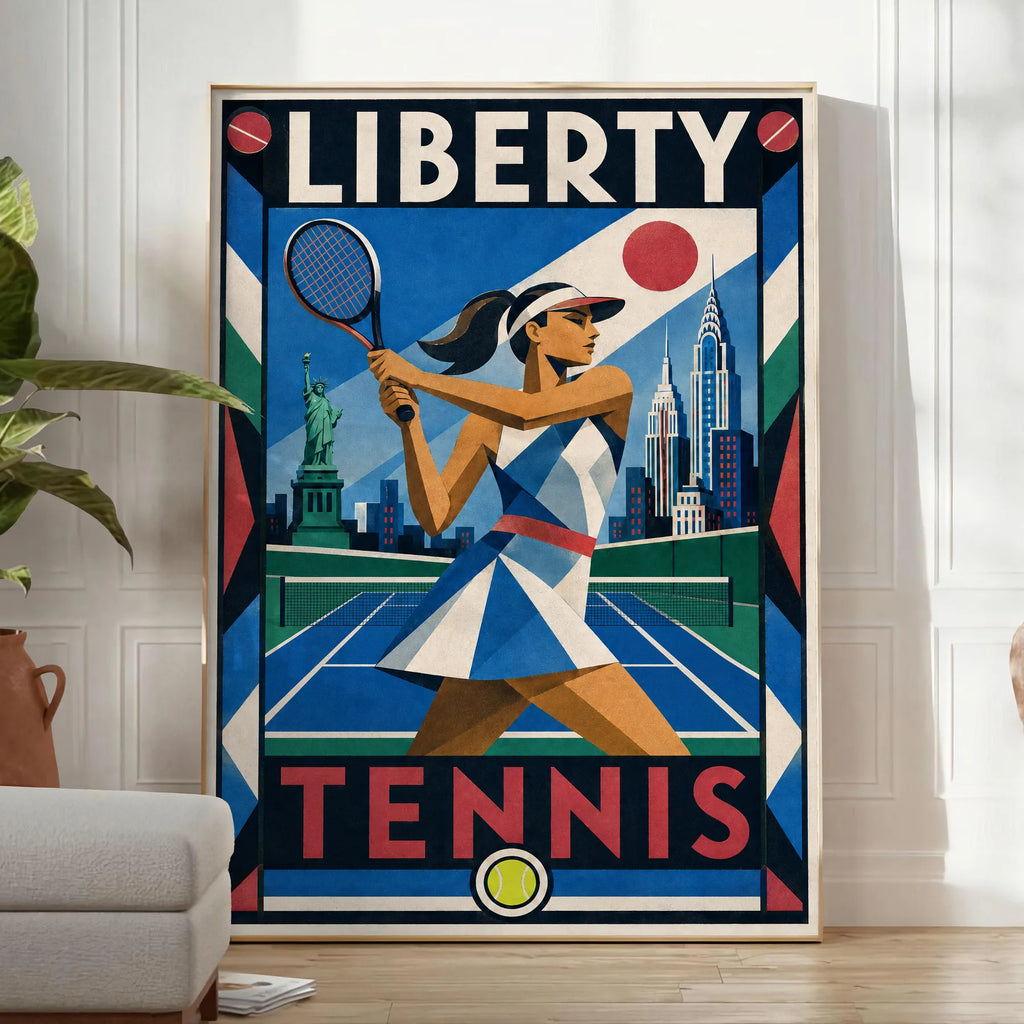 Affiche New York Tennis New York Tennis Femme revers Finish, affiche Art déco de tennis new-yorkaise