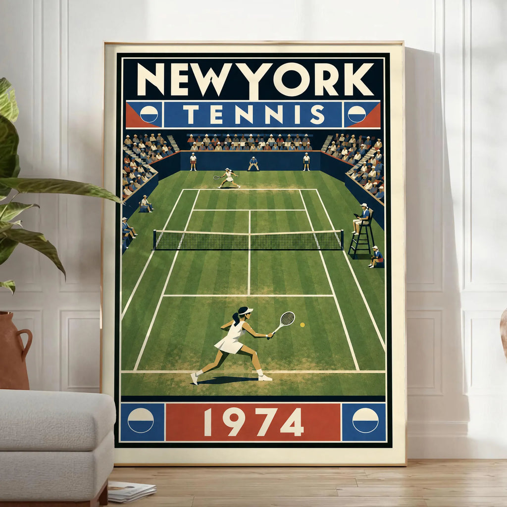 Affiche New York Tennis New York Tennis 1974 Femme gazon volée Court, affiche Art déco de tennis new-yorkaise