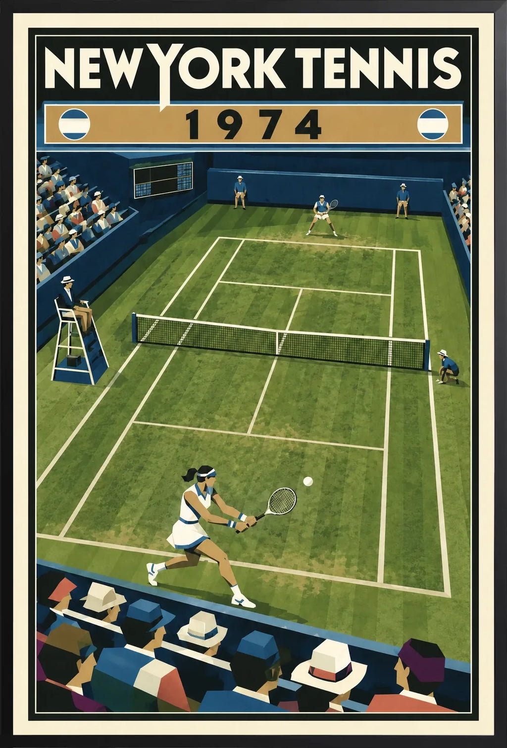 Affiche New York Tennis New York Tennis 1974 gazon revers croisé, affiche Art déco de tennis new-yorkaise