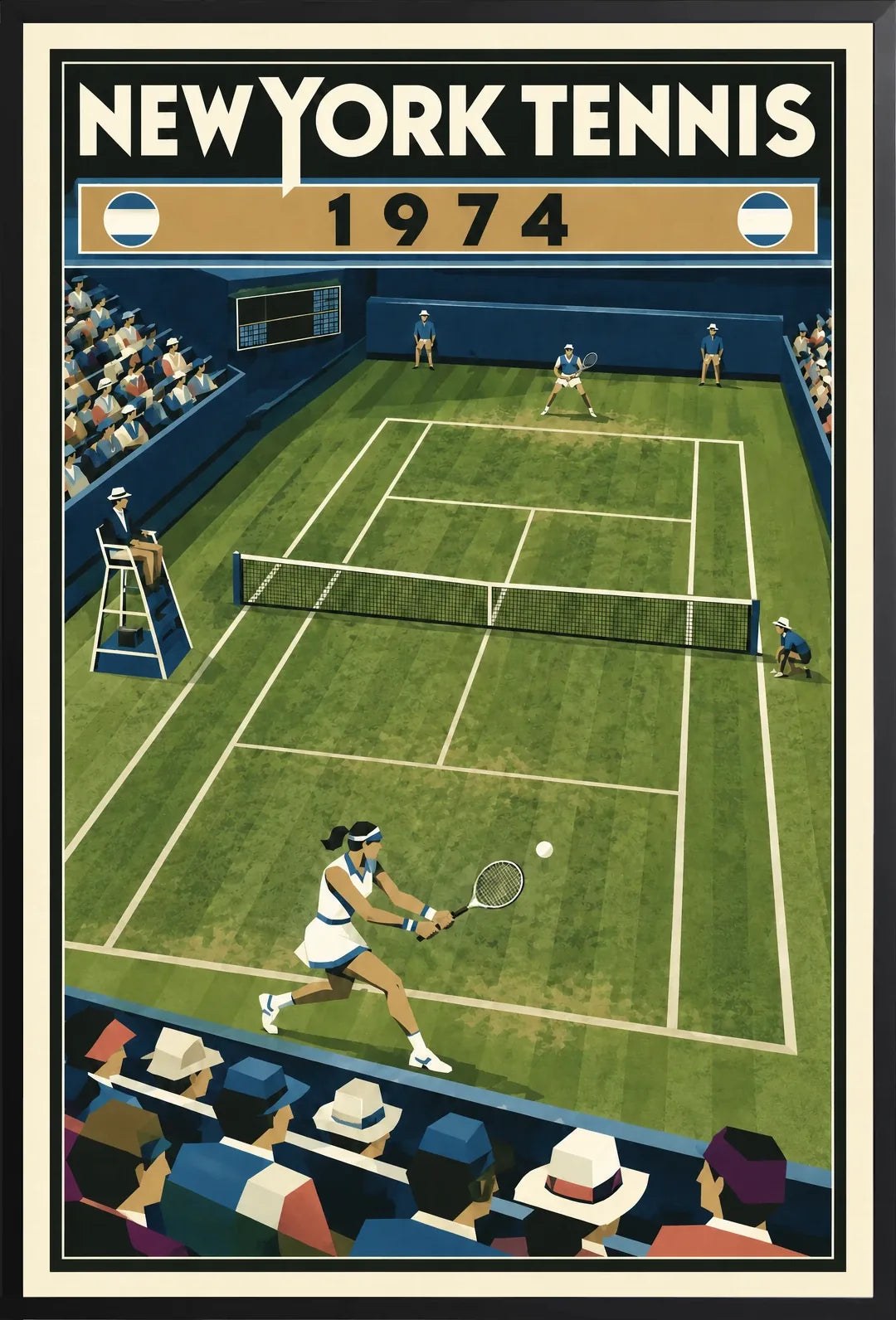 Affiche New York Tennis New York Tennis 1974 gazon revers croisé, affiche Art déco de tennis new-yorkaise