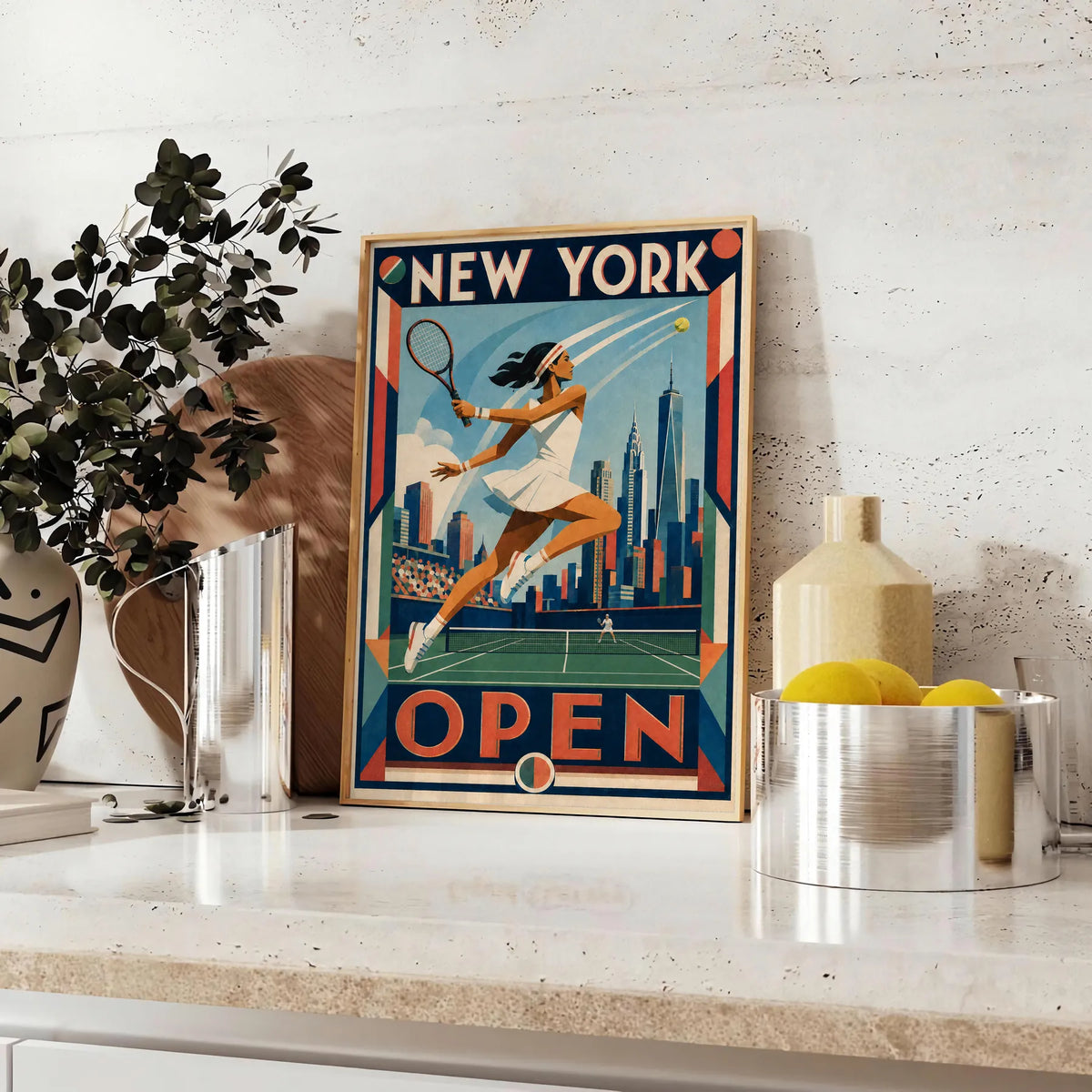 Affiche New York Tennis Open Female Leaping One Hand revers, affiche Art déco de tennis new-yorkaise
