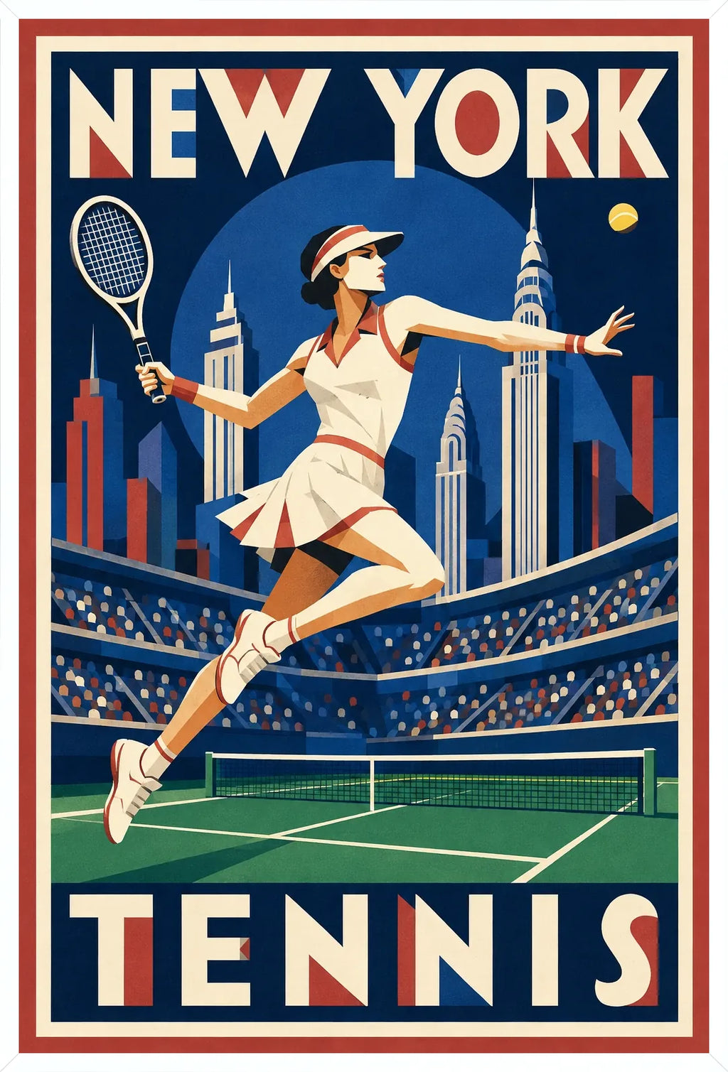 Affiche New York Tennis Tennis Female action offensive, affiche Art déco de tennis new-yorkaise