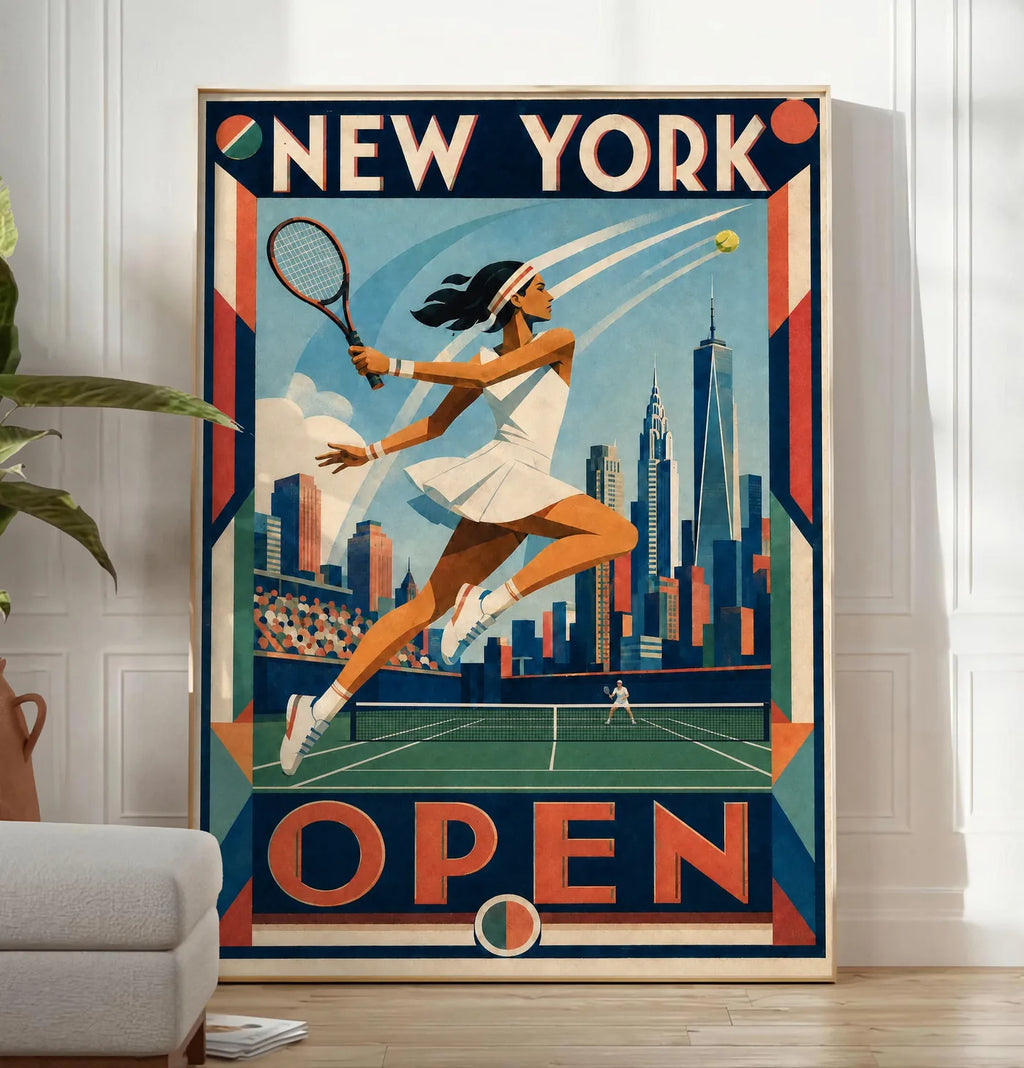 Affiche New York Tennis Open Female Leaping One Hand revers, affiche Art déco de tennis new-yorkaise