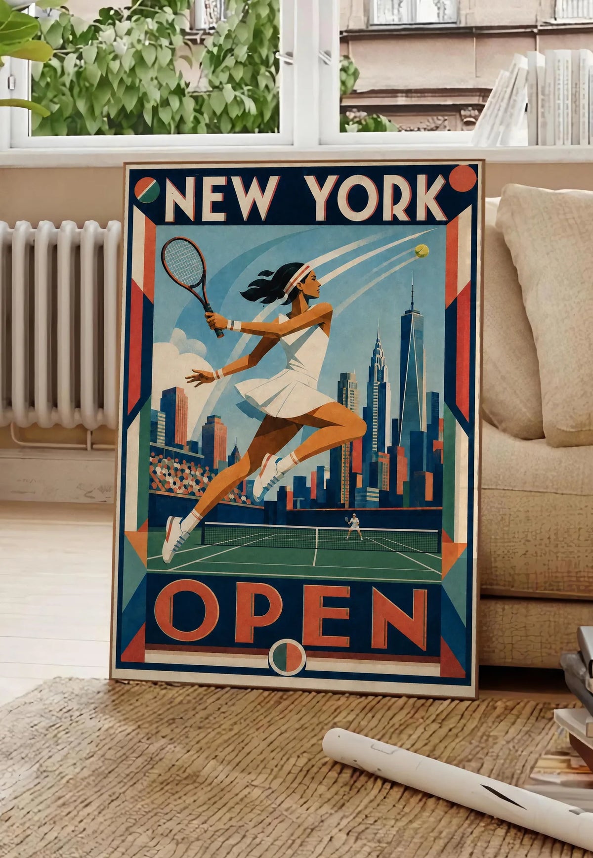 Affiche New York Tennis Open Female Leaping One Hand revers, affiche Art déco de tennis new-yorkaise