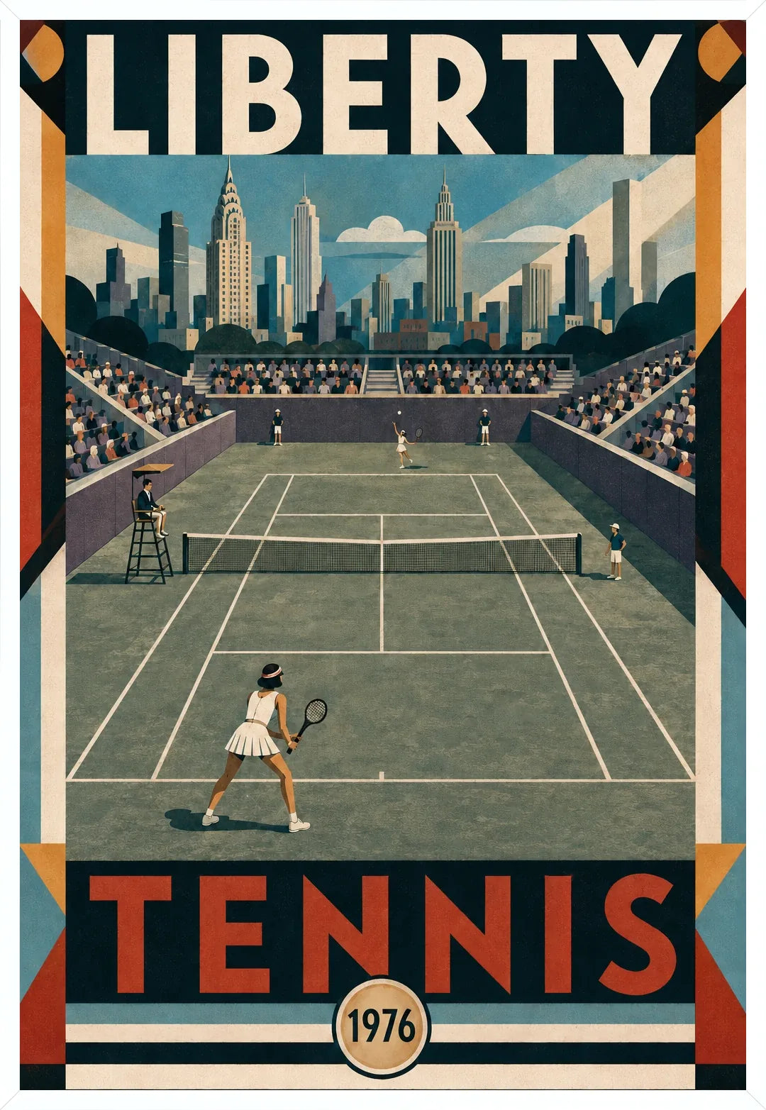 Affiche New York Tennis Liberty Tennis 1976 Femme Har-Tru Court View, affiche Art déco de tennis new-yorkaise