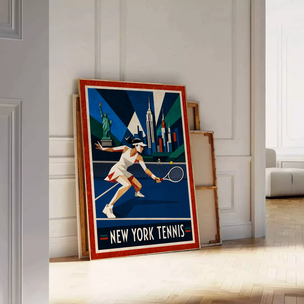 Affiche New York Tennis Geometric Femme Low demi-volée, affiche Art déco de tennis new-yorkaise