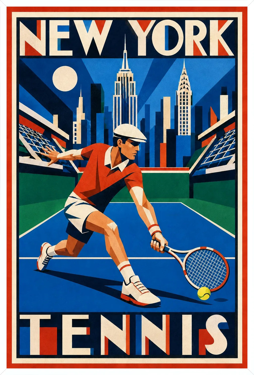 Affiche New York Tennis New York Tennis Homme slice bas, affiche Art déco de tennis new-yorkaise