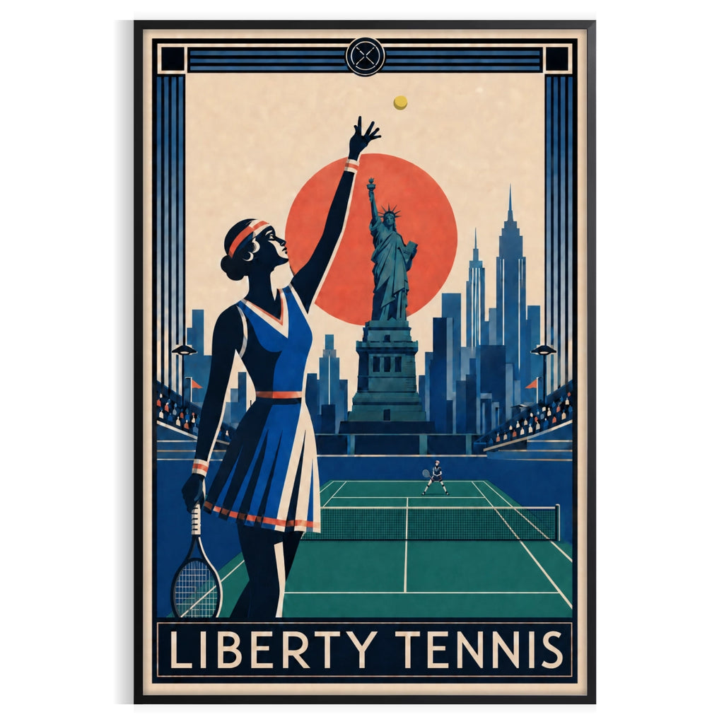 Affiche New York Tennis Liberty Tennis Femme service, affiche Art déco de tennis new-yorkaise