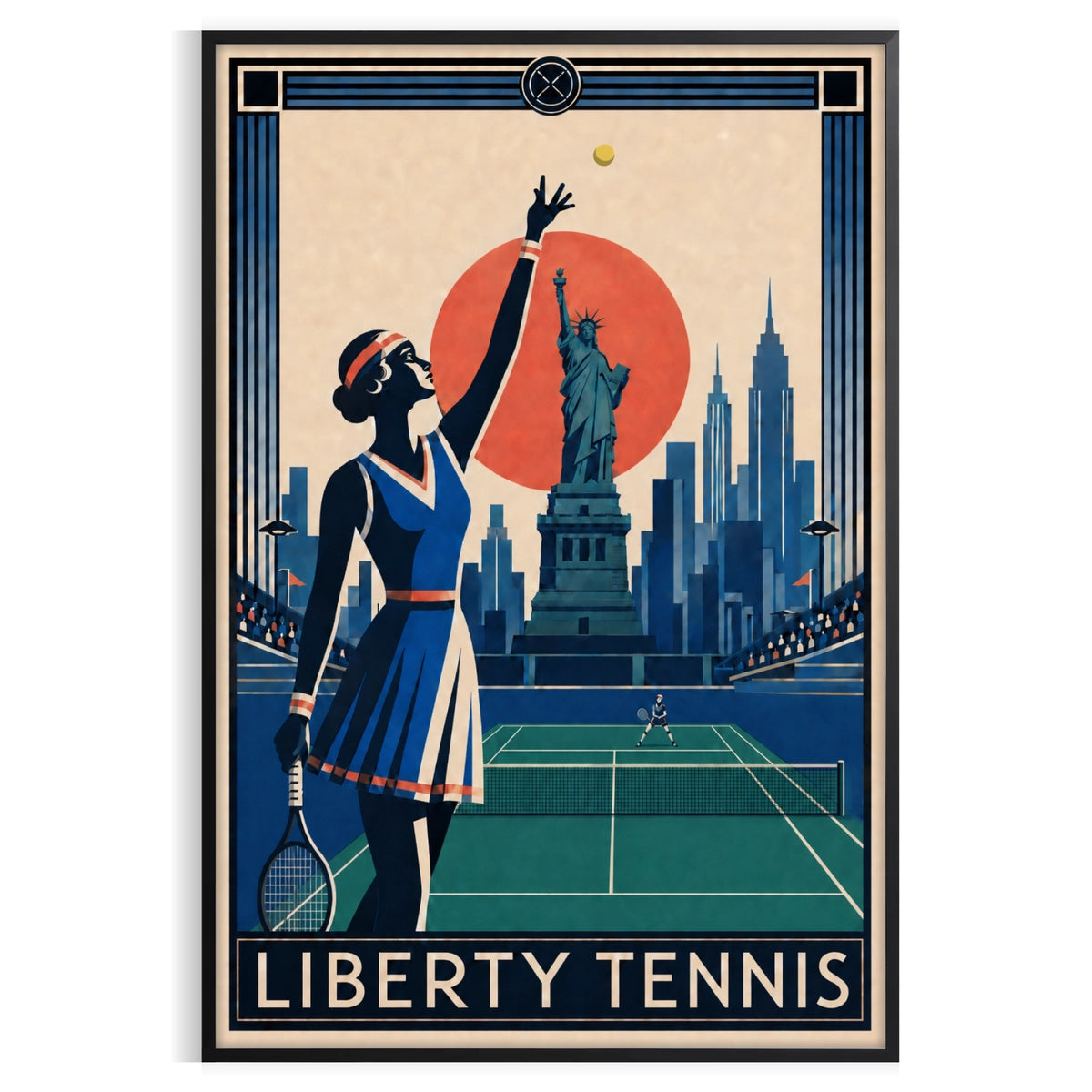 Affiche New York Tennis Liberty Tennis Femme service, affiche Art déco de tennis new-yorkaise
