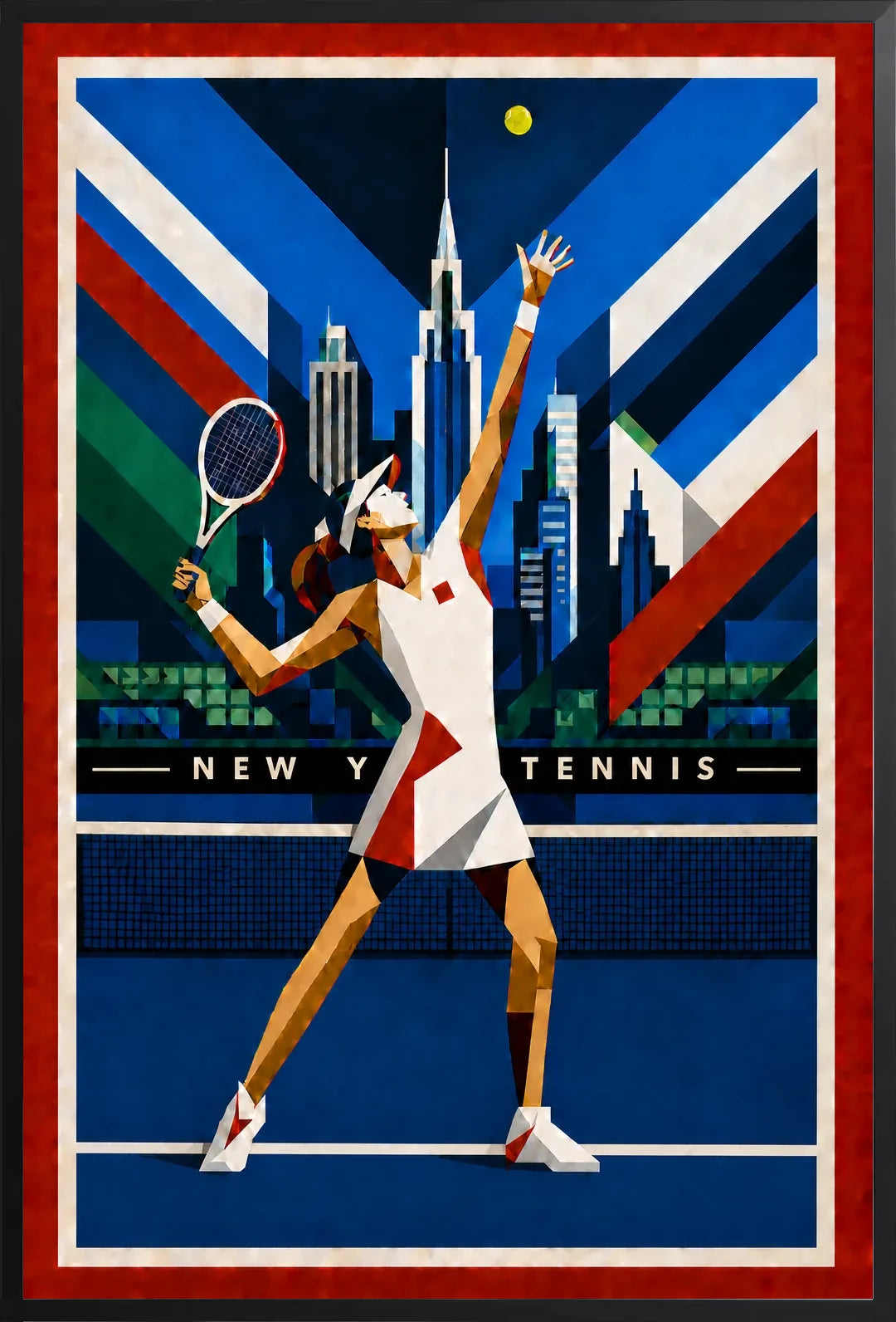 Affiche New York Tennis Geometric Femme service vers le trophée, affiche Art déco de tennis new-yorkaise