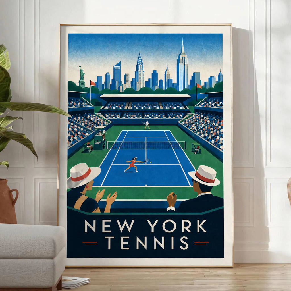 Affiche New York Tennis Stadium Femme Sprint volée, affiche Art déco de tennis new-yorkaise