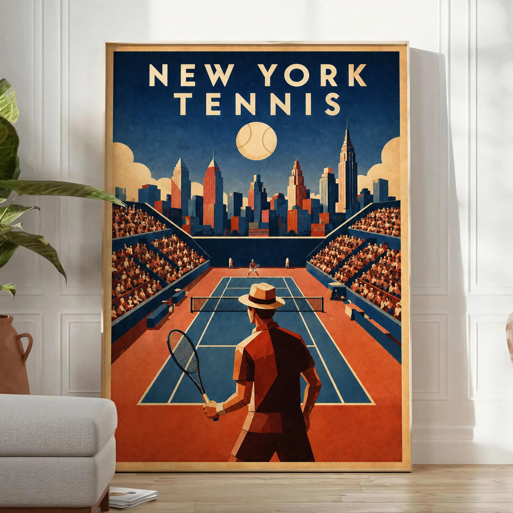 Affiche New York Tennis Homme Twilight Baseline 2, affiche Art déco de tennis new-yorkaise