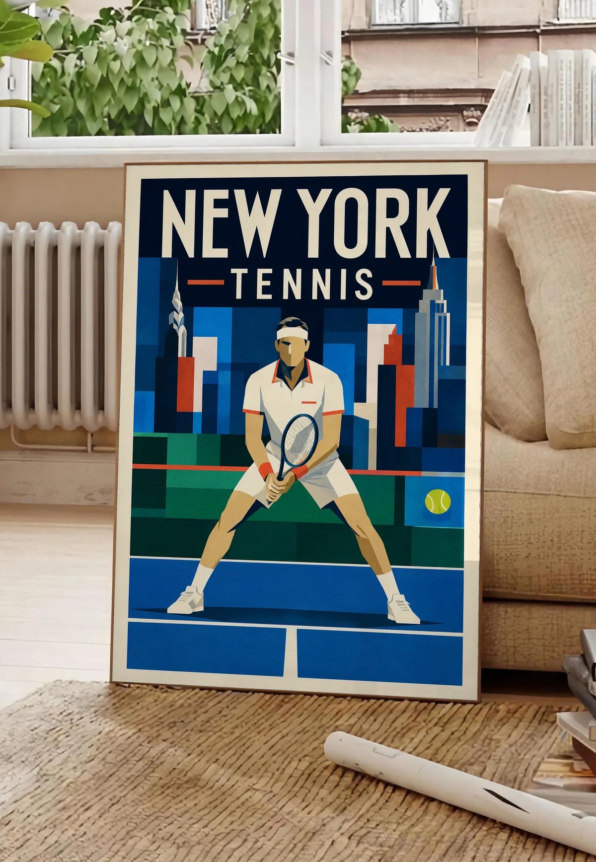 Affiche New York Tennis Ny Male Split Step prêt, affiche Art déco de tennis new-yorkaise